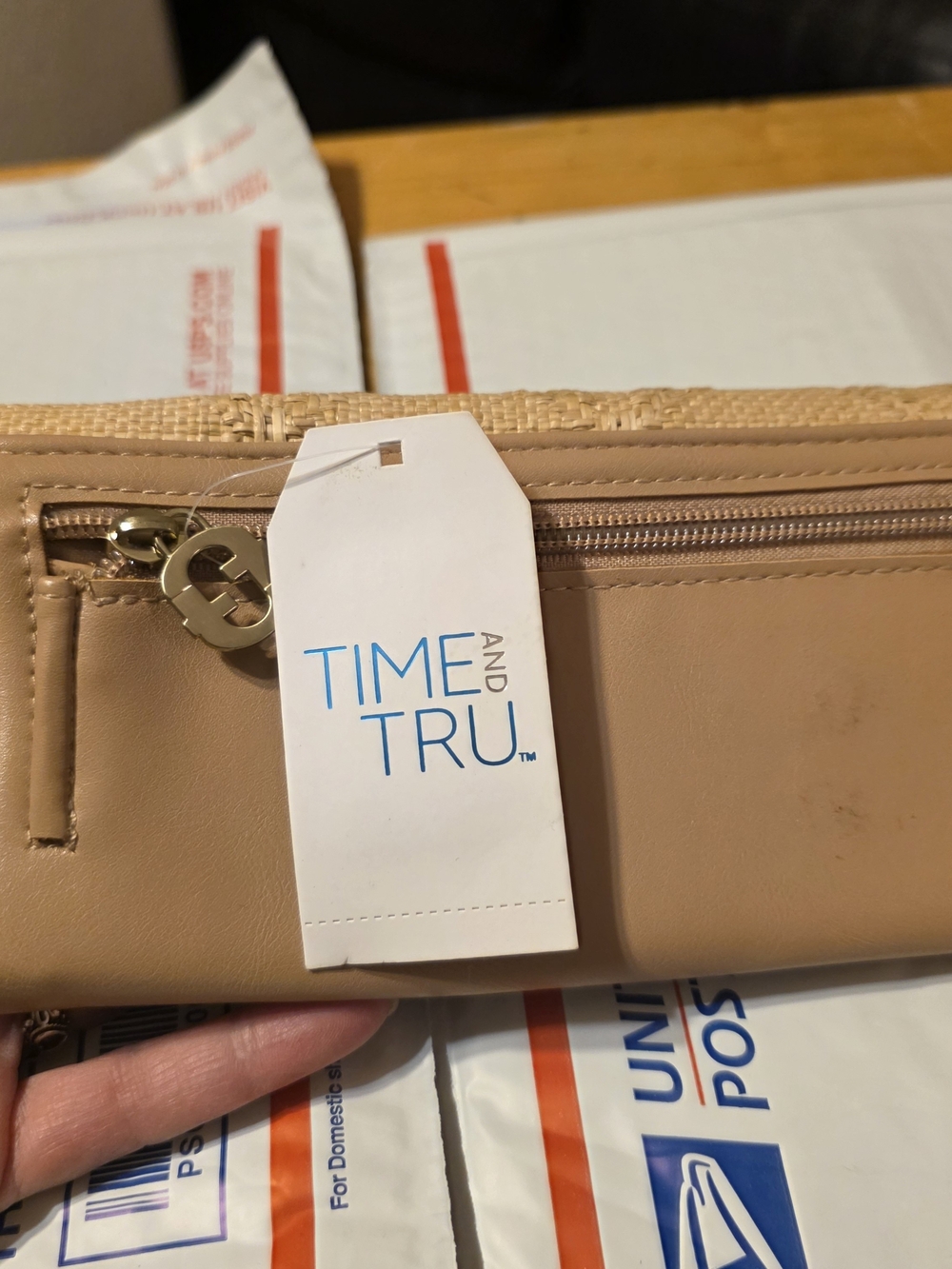 Time and Tru Neutral Beige Zip Wallet with Gold Accent